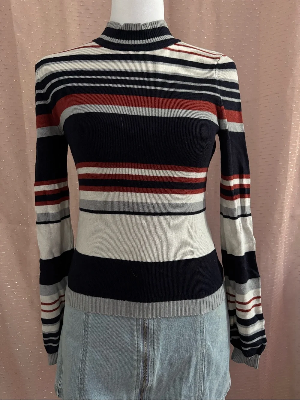 Forever 21 Striped Mock Neck Sweater - Navy, White & Rust